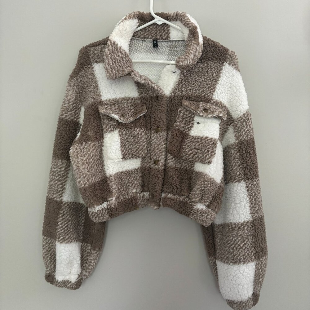 SHEIN Cozy Checkered Sherpa Cropped Jacket